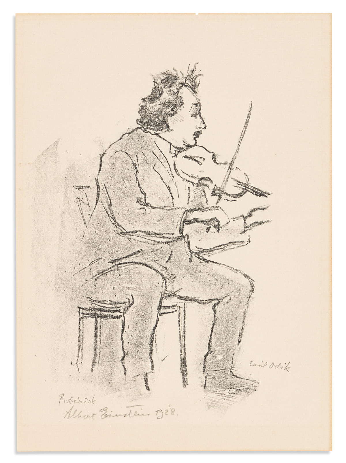 (SCIENTISTS.) EINSTEIN, ALBERT. Lithographic full-length seated portrait by Emil Orlik, Signed and dated at lower left, in pencil, show